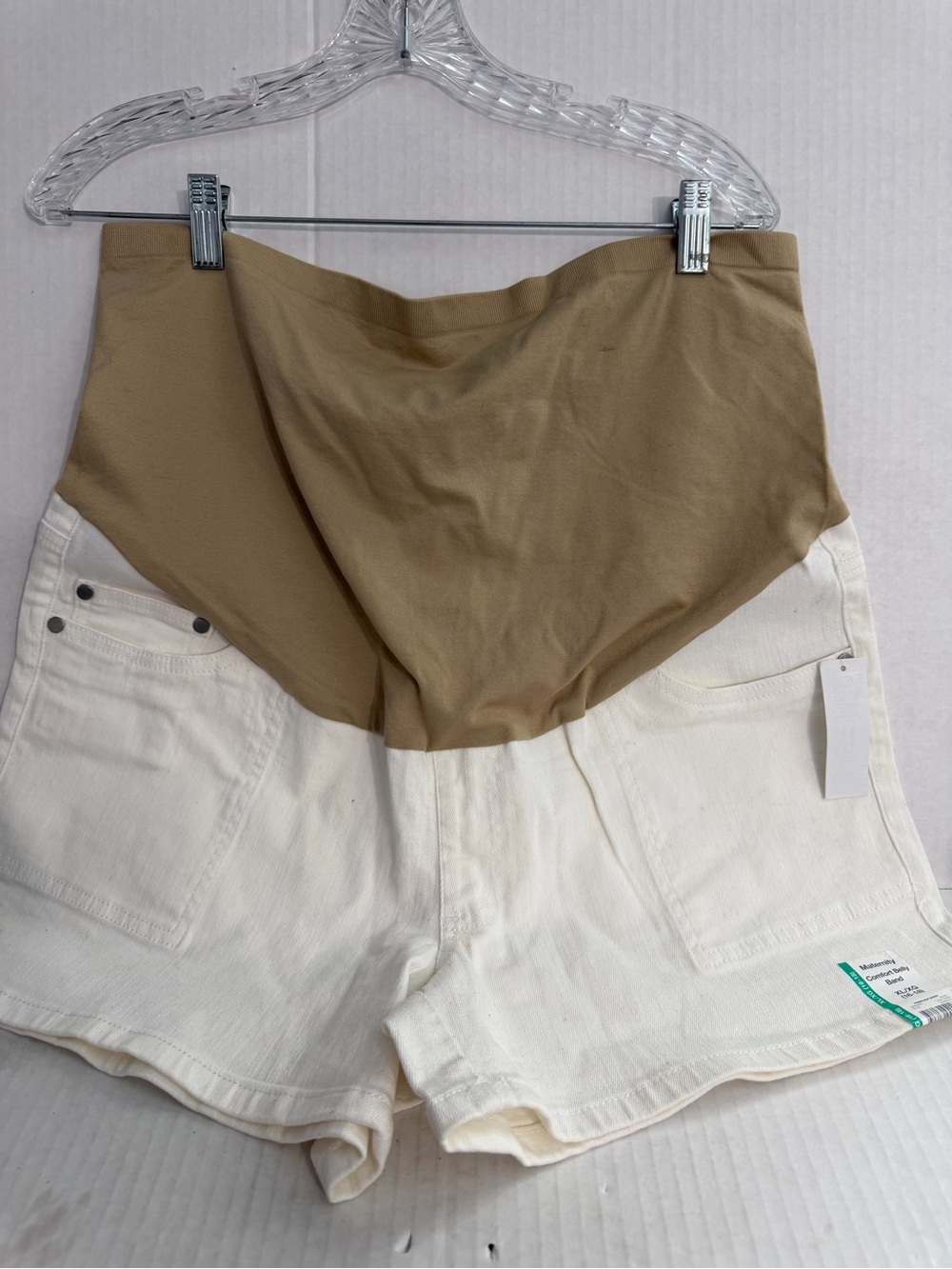 Time and Tru Maternity Comfort Belly Tan Panel Ivory Denim Shorts